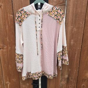 POL Cream and Pink Textured Hoodie